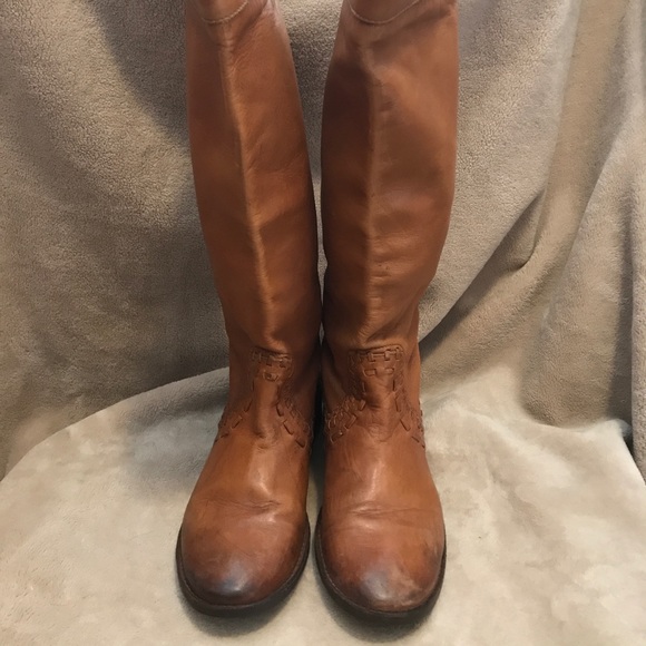 Frye Tall Trapunto Leather Boots w/ Woven Trim - Picture 2 of 9